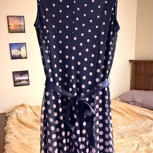 Haani Navy Dress with Light Pink Polka Dots and Waist Tie